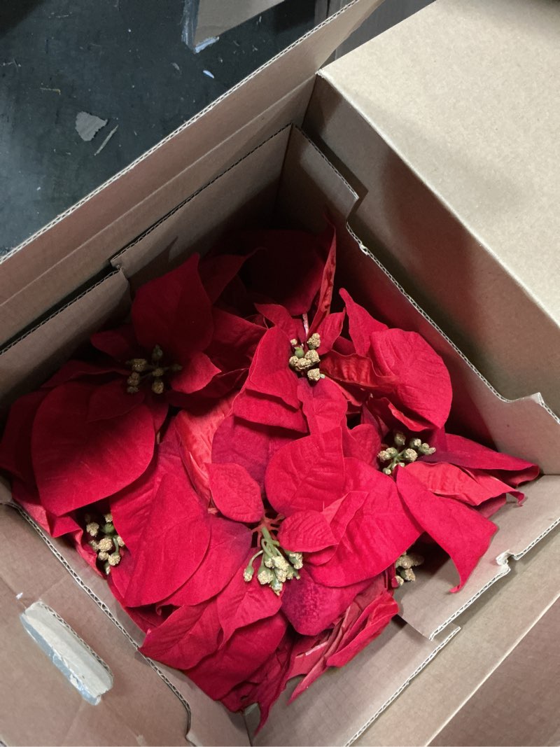 Condition photo showing Good Condition for Similar 4pcs Red Poinsettia Artificial Flowers Faux Poinsettia Bush Bouquets Silk Christmas Flowers Ornaments Poinsettia Flower Arrangement for Xmas Holiday Decor(7heads,21inch)