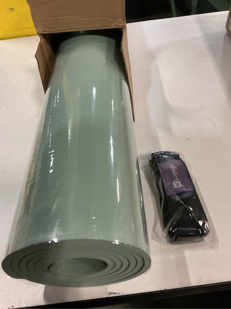 Condition photo showing New/Like New for KEEP Yoga Mat, 32" Extra Wide Exercise Mat with Strap for Men and Women, 7mm Thick Double-Sided Non-Slip Eco-friendly Yoga Mat for Pilates, Workout and Fitness Pale Green