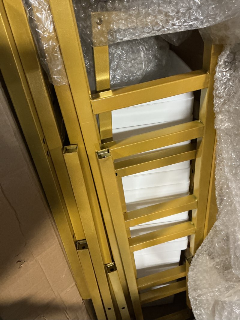 Condition photo showing Good Condition for flower display stand with 12 buckets, flower cart 3 layers gold metal flower bar stand with wheels, moving florist bouquet shelf for weddings florist indoor outdoor patio garden living room 37"l x 23.62"w x 31.5"h gold