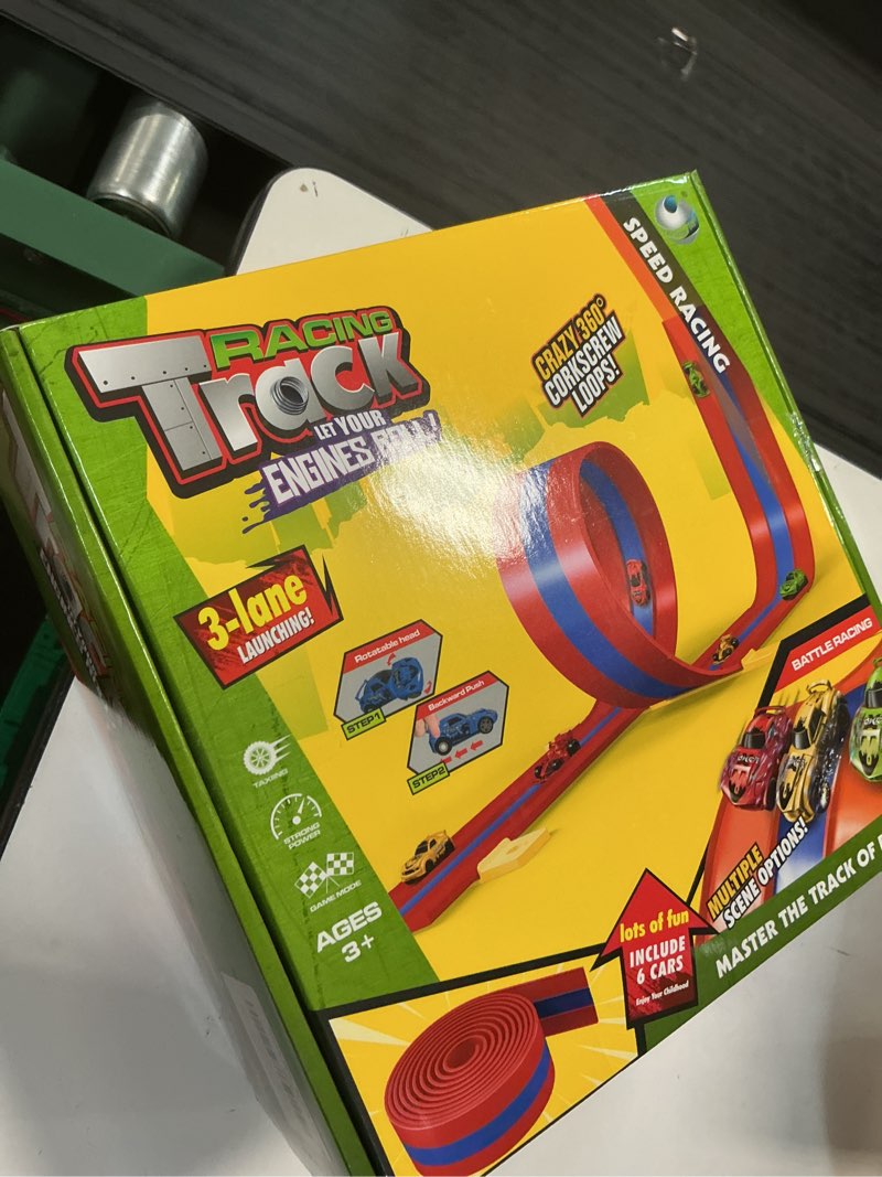 Condition photo showing New/Like New for 16.4ft flexible race track for kids, 3-lane bendable car track toy set with suction cup bases & 1/64th cars, diy adjustable flex track, indoor outdoor race track set for boys girls ages 3+