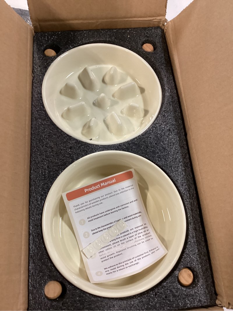 Condition photo showing Good Condition for havniva 6.1” raised slow feeder dog bowls set, 0.9 cups ceramic slow feeder dog bowl and 6.1” dog water bowl with elevated wooden stand puzzle dog food bowl for small dogs anti-gulping & anti-choking 2 x light yellow+stand-c 6.1inch