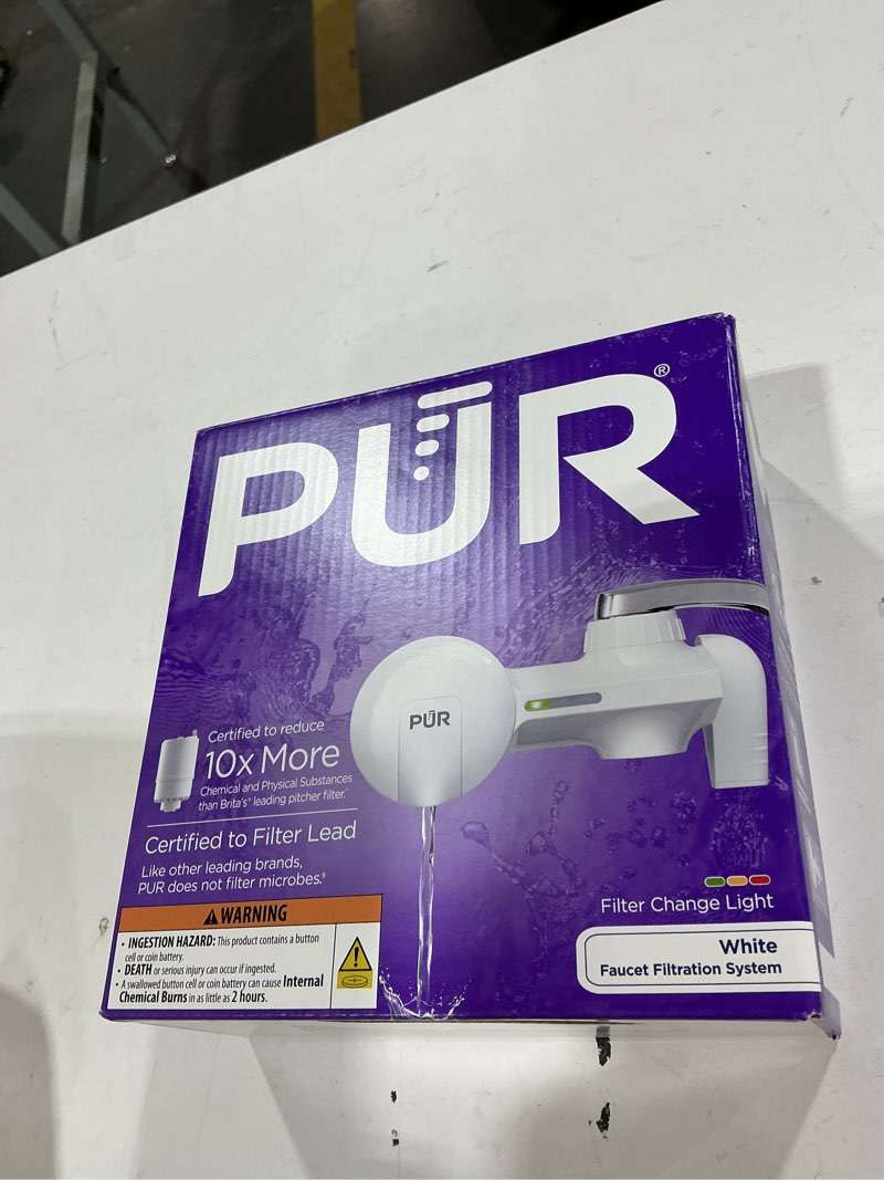 Condition photo showing New/Like New for pur faucet-mount water filtration system, cleaner tap water filter, lasts 100 gallons, sink faucet filter, fits standard kitchen or bathroom faucets, white white 1 count (pack of 1) pur filter