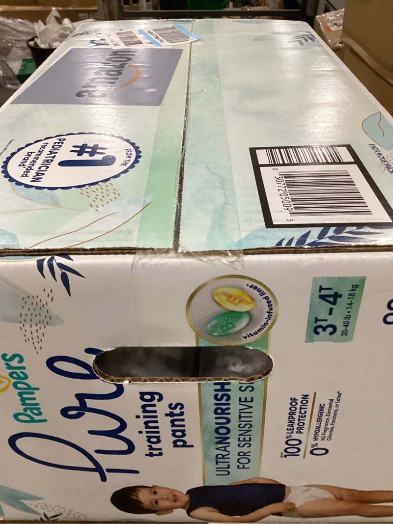 Condition photo showing New/Like New for pampers pure protection training underwear, unisex, size 3t4t, 92 count, premium, hypoallergenic, soft, absorbent 3t-4t 92