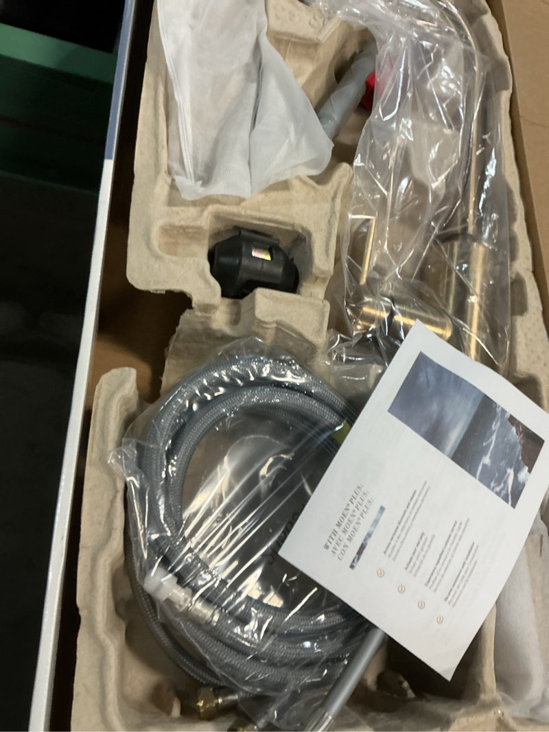 Condition photo showing New/Like New for moen meena one handle kitchen faucet with pull down sprayer, high arc kitchen sink faucet featuring reflex system and duralock quick connect, bronzed gold, 87270bzg