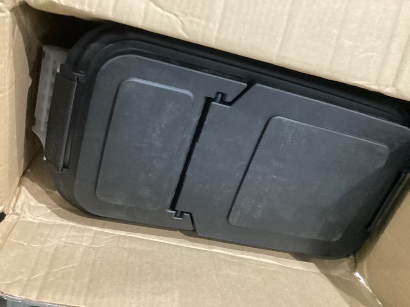 Condition photo showing As Is for buddeez airtight pet food storage container - 50 qt/50 lb capacity dog food storage container, cat food container, bird seed storage container, rolling storage bin, air tight with handle & scoop black 1 pack (50 quart)