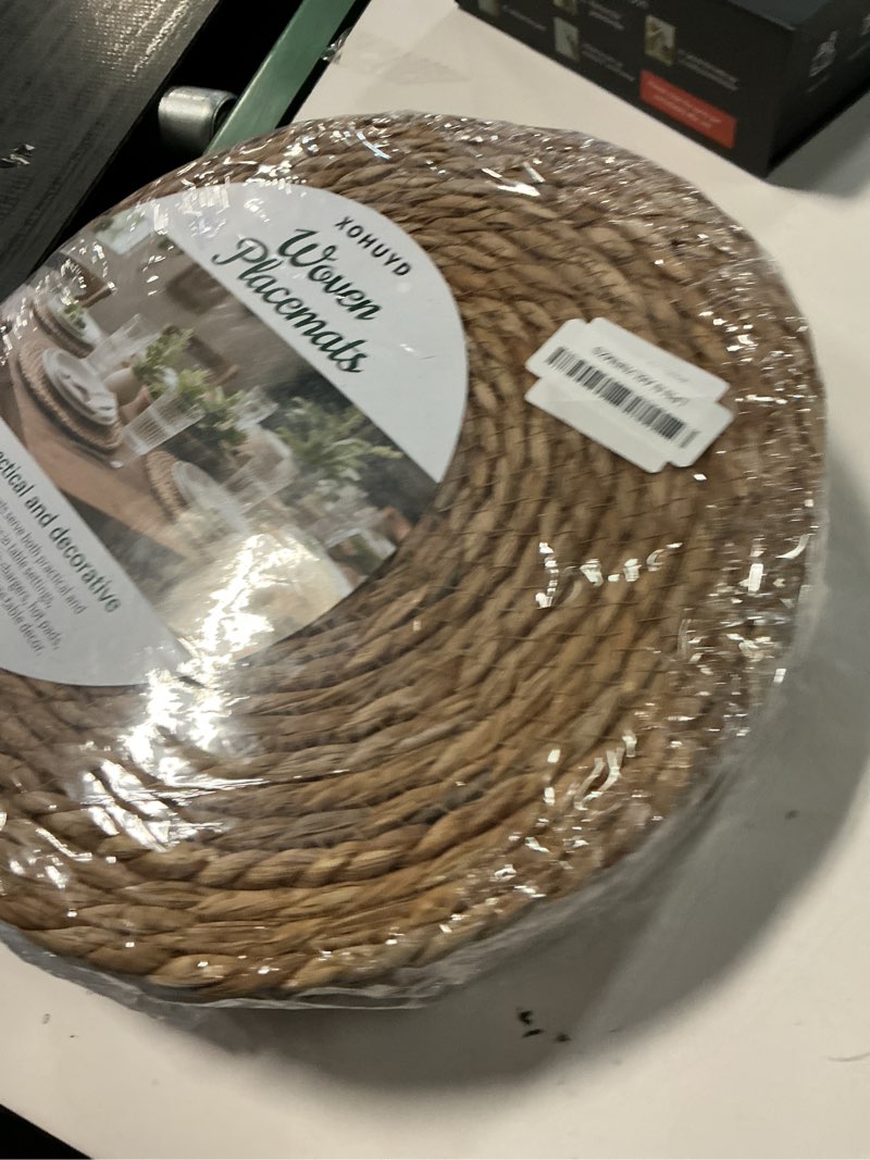 Condition photo showing New/Like New for 13 in round woven placemats plate chargers set of 12, boho farmhouse rustic woven place mats for kitchen dining party table decor, rattan wicker table mats jute braided chargers for dinner plates