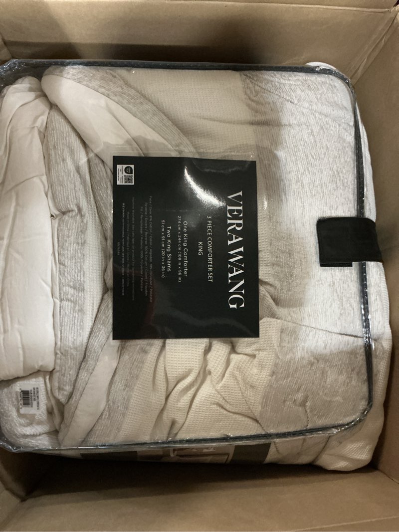 Condition photo showing Good Condition for vera wang - king size comforter set, soft bedding set with textured chenille waffle feel, medium weight for year-round comfort, 3 piece bed set with matching pillowcases (stripe beige) king stripe beige