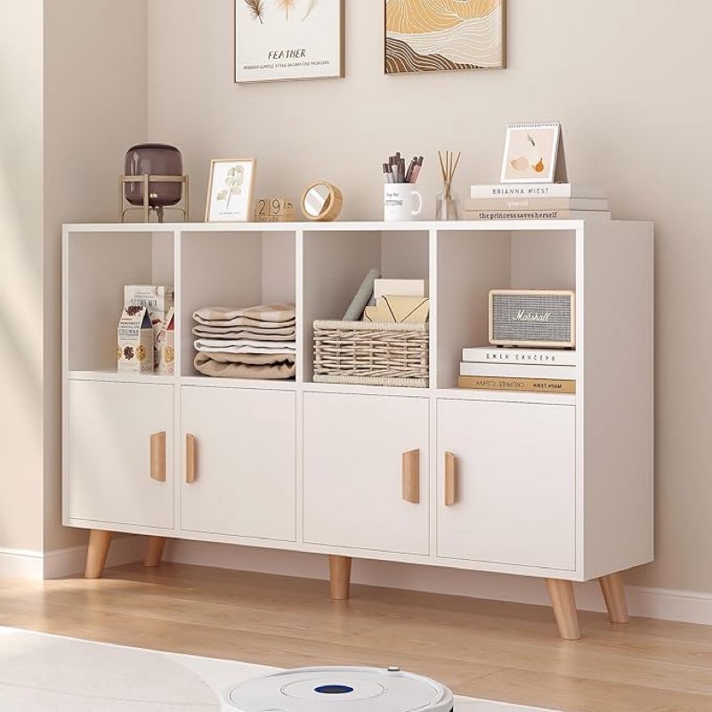 Cubby Shelf Bookcase with Doors - Wooden 8 Cube Floor Standing Open Bookshelf with Solid Wood Legs, 2-Tier Low Storage Cabinet, Oak and Warm White
