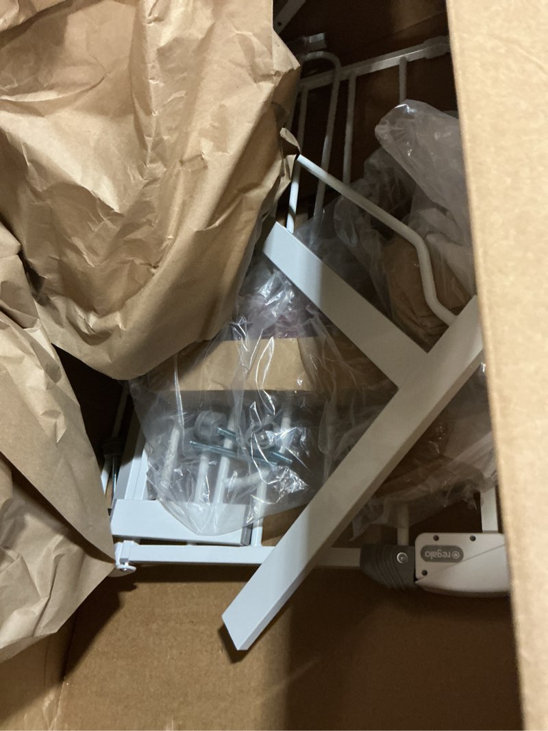 Condition photo showing As Is for Regalo Safety 38" Baby Gate for Doorways & Bottom of Stairs, Pressure Mount Design for Babies, Toddlers & Pets, Tested & Safe for 30 Years, American Designed, American Owned, White White 29-38.5"W x 30"H