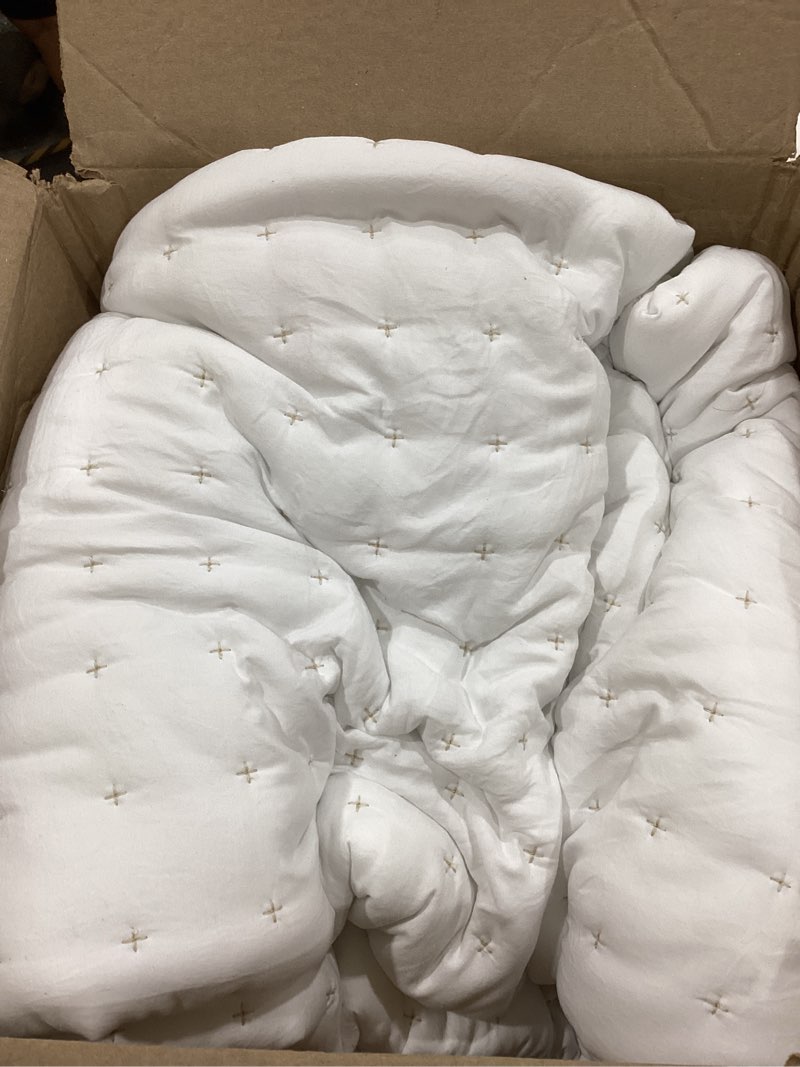 Condition photo showing As Is for WDCOZY White King Size Quilt Bedding Sets with Pillow Shams, Lightweight Soft Bedspread Coverlet, Quilted Blanket Thin Comforter Bed Cover, All Season Summer Spring, 3 Pieces, 104x90 inches White (Gold Cross Stitching) King