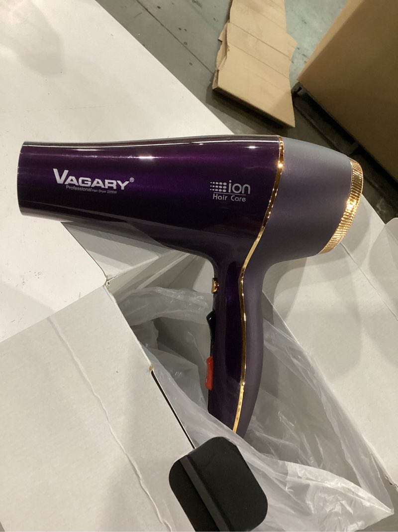Condition photo showing New/Like New for VAGARY 6690A Salon Pro Hair Dryer for Women,2200w Powerful AC Motor Fast Drying, Ionic Blow Dryer for Thick Hair,2 Speeds and 2 Heat Settings 1 Cool Shot Button(1 Diffuser and 1Concentrator) Purple