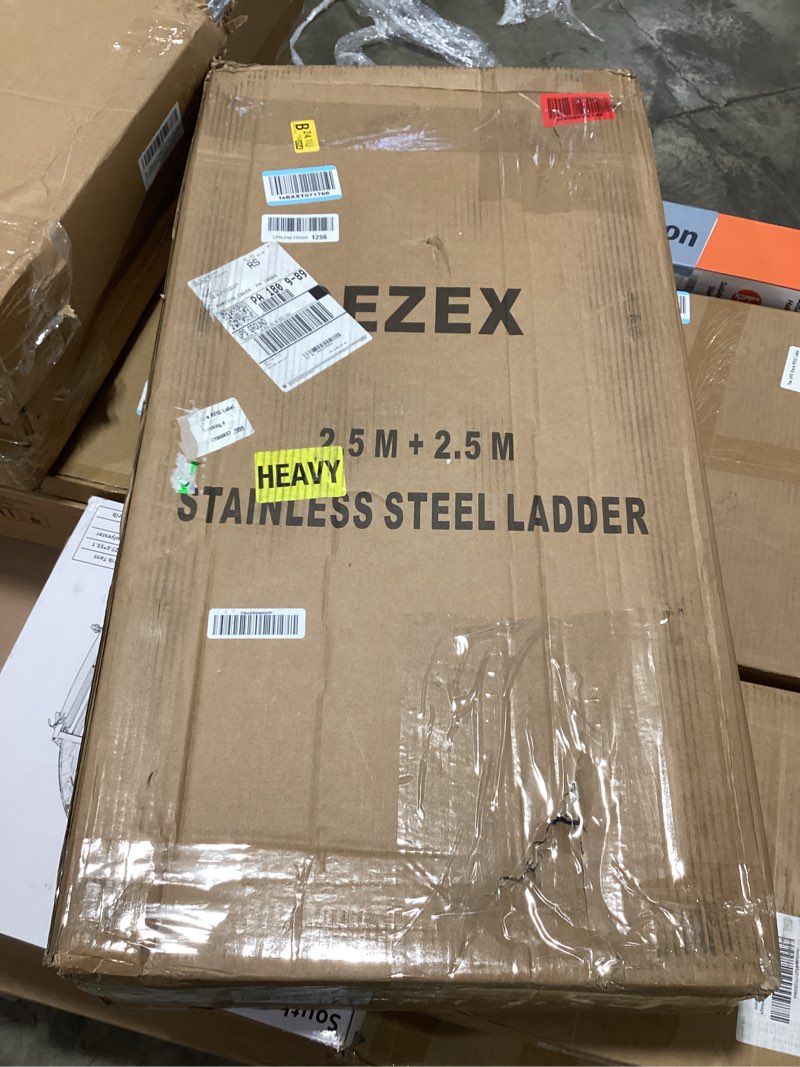 Condition photo showing Good Condition for dezex telescoping ladders 16.5ft a frame stainless steel folding extension ladder, with anti-slip balance bar & movable wheel, multi position collapsible ladder for outdoor indoor, 330lbs max capacity a frame(stainless steel) 16.5 ft
