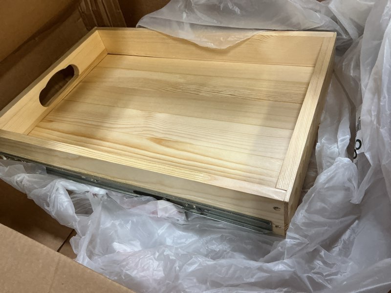 Condition photo showing Good Condition for pull out cabinet organizer, soft close wooden slide out drawers for pots and pans, full-extension roll out shelves for kitchen cabinets, pantry organization, bottom & side mount(15"w x 21"d x 3.4''h) 15"wide-21"deep (1pack)