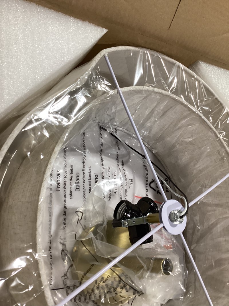 Condition photo showing As Is for AUTELO 18" Semi Flush Mount Ceiling Light, 3-Light Farmhouse Ceiling Light in Brushed Gold Finish with Drum Fabric Shade, Gold Light Fixtures Ceiling Mount for Hallway Bedroom Kitchen, C2506 BG-18 Gold 18-Inch