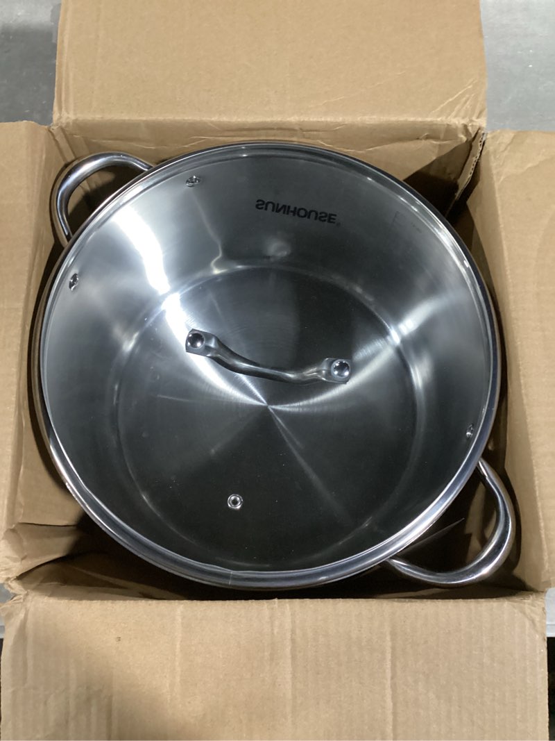 Condition photo showing Good Condition for sunhouse stainless steel stock pot - 7 quart heavy-duty induction cooking pot with visible lid for pasta, soup, spaghetti - nonstick thick-bottom deep stockpot for canning, boiling, and simmering stock pot 7 quarts