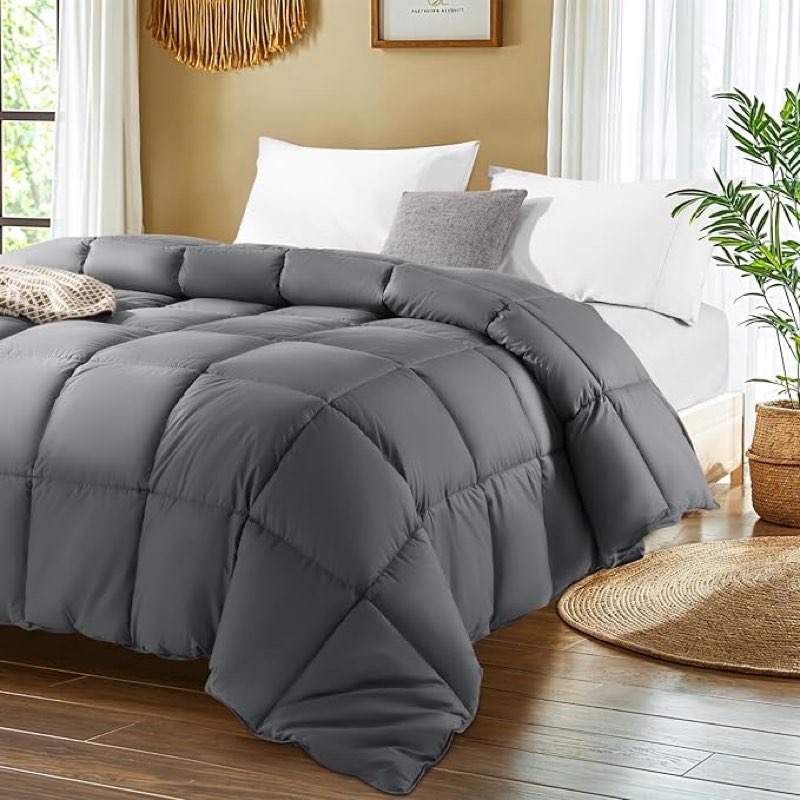 shilucheng goose down comforter king size, 850+ fill power all season duvet insert with 600tc ultra-soft cotton cover, 3d baffle box design for maximum fluffiness (gray,106x90 inches)