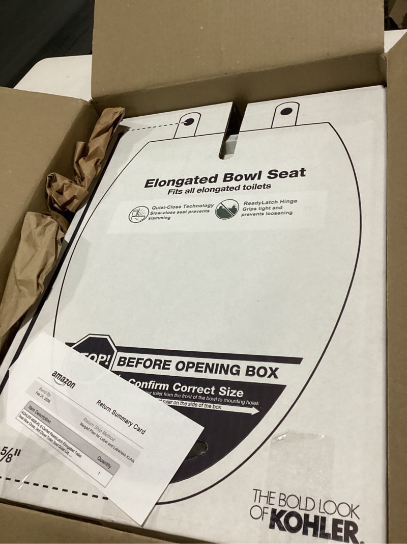 Condition photo showing Good Condition for KOHLER 4636-RL-0 Cachet ReadyLatch Elongated Toilet Seat Slow Close, Soft Close Toilet Seat Quiet Lid, Contoured Grip-Tight Bumpers Installation Hardware, Apartment Essentials, White White Elongated Ready Latch