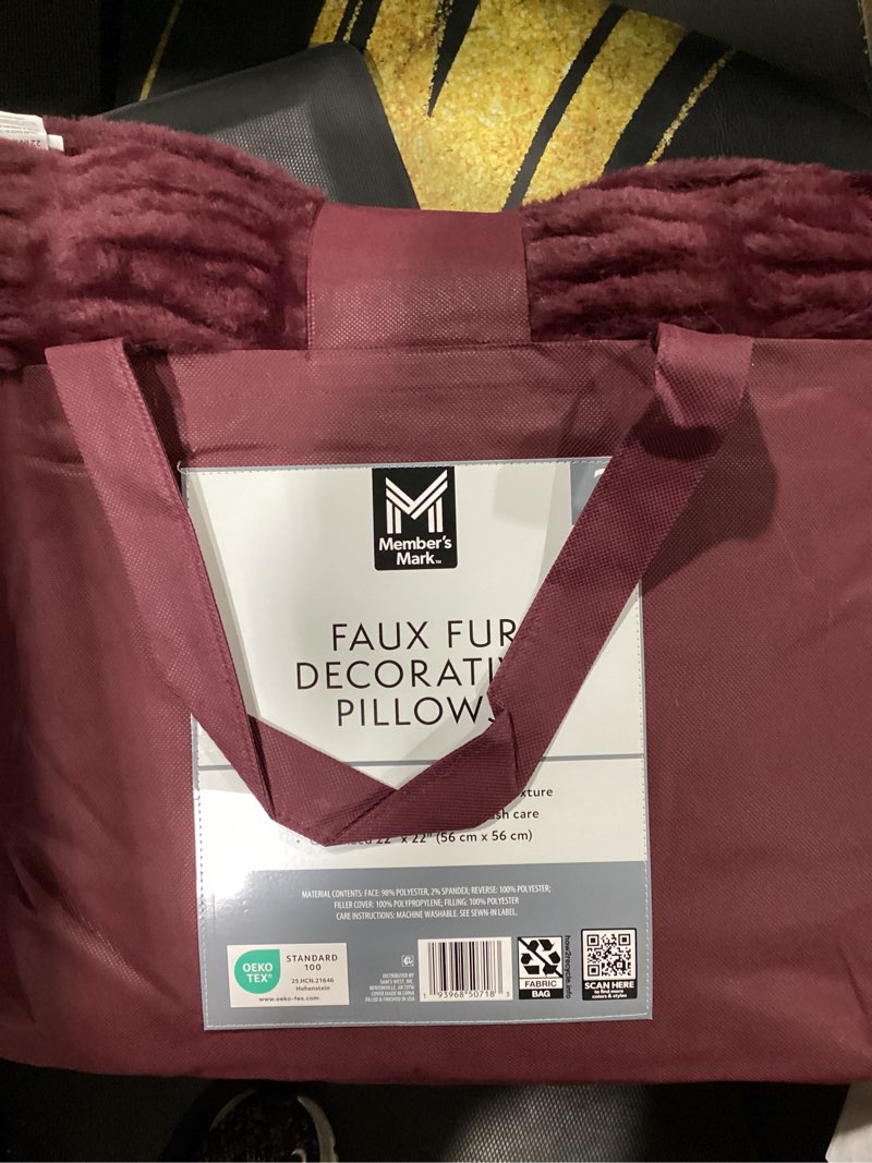 Condition photo showing New/Like New for member's mark 2-pack ruched faux fur decorative pillows, 22" x 22" burgundy