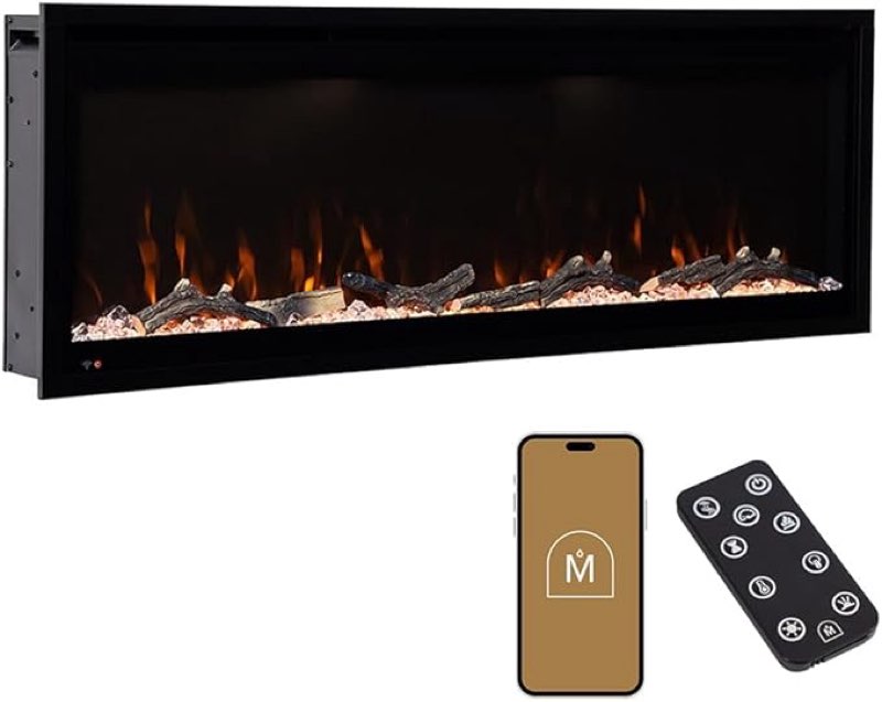 Modern Ember Aerus 50 Inch Smart Linear Electric Fireplace | Recessed in-Wall or Wall-Mount | LED Multiple Flame Colors | Alexa/WiFi Enabled | 5.75” Profile | Remote Included