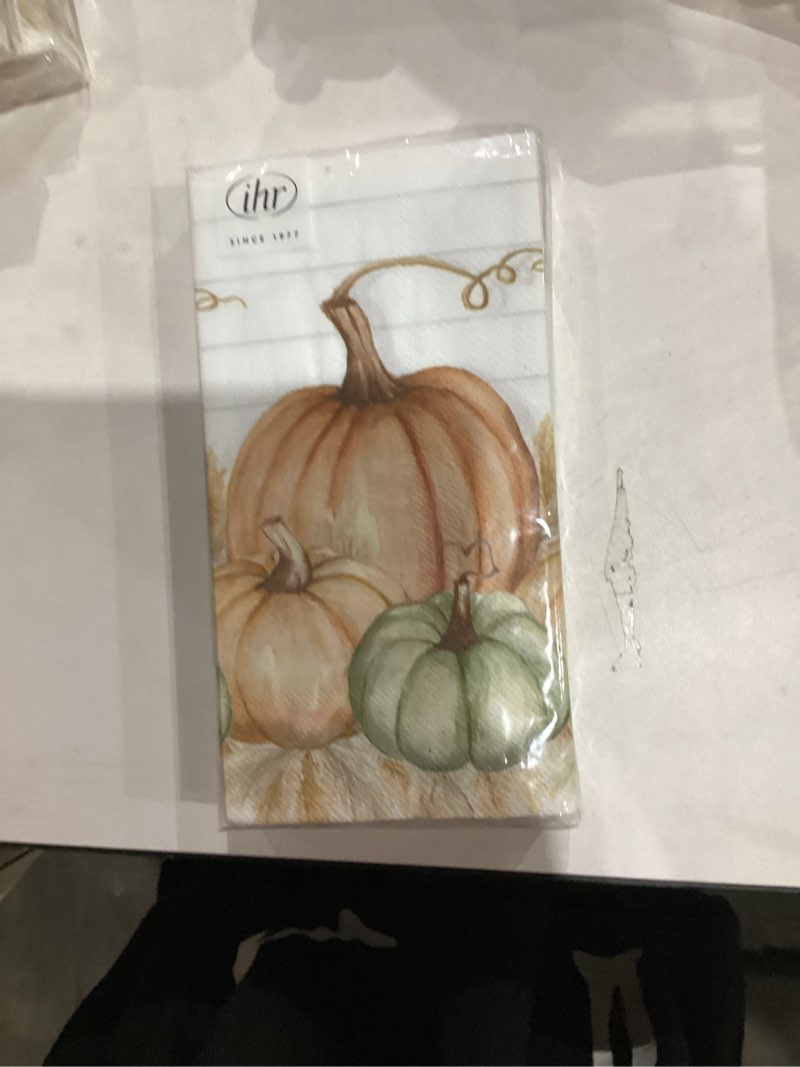 Condition photo showing New/Like New for IHR Ideal Home Range Dinner Napkins Disposable 3-Ply Paper Hand Towels, 8.5" x 4.5", Pumpkin Trio, 16-Count