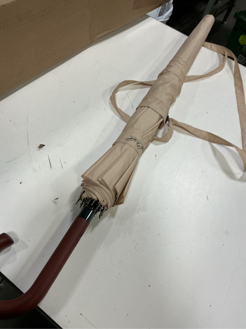 Condition photo showing As Is for walking stick umbrella with beige canopy and crook handle