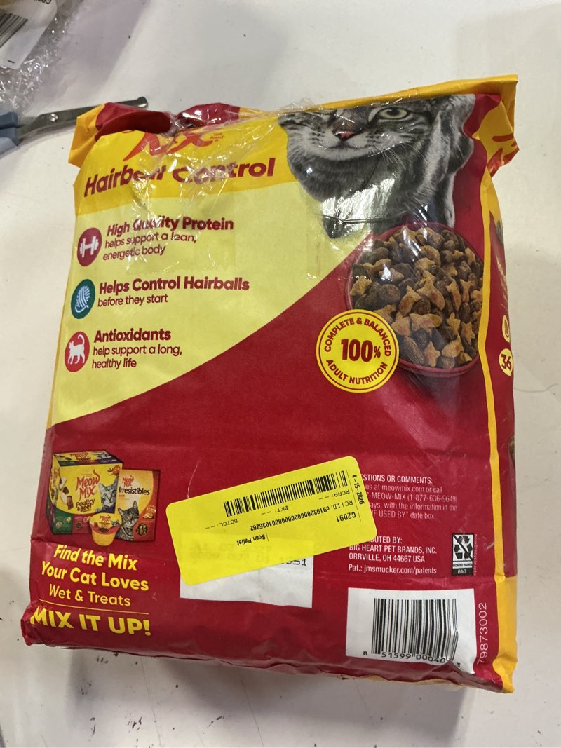 Condition photo showing As Is for bb 7/3/27 meow mix hairball control with flavors of chicken, turkey , salmon & ocean fish adult complete & balanced dry cat food - 6.3lbs