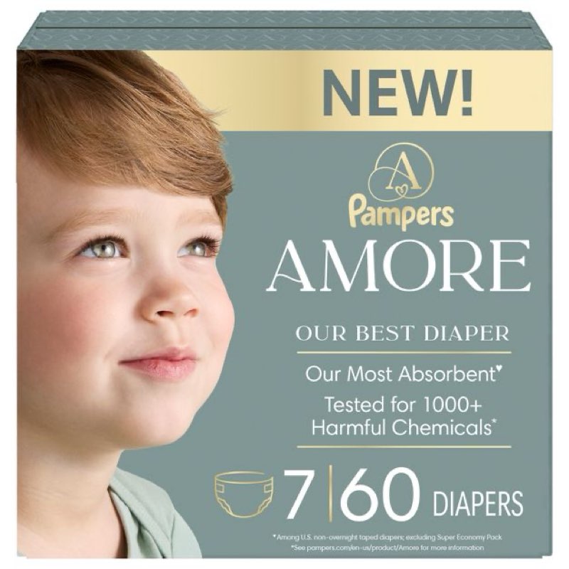 pampers amore, size 7 (26-50 lbs), 60 count, our best diaper – hypoallergenic & fragrance free, up t