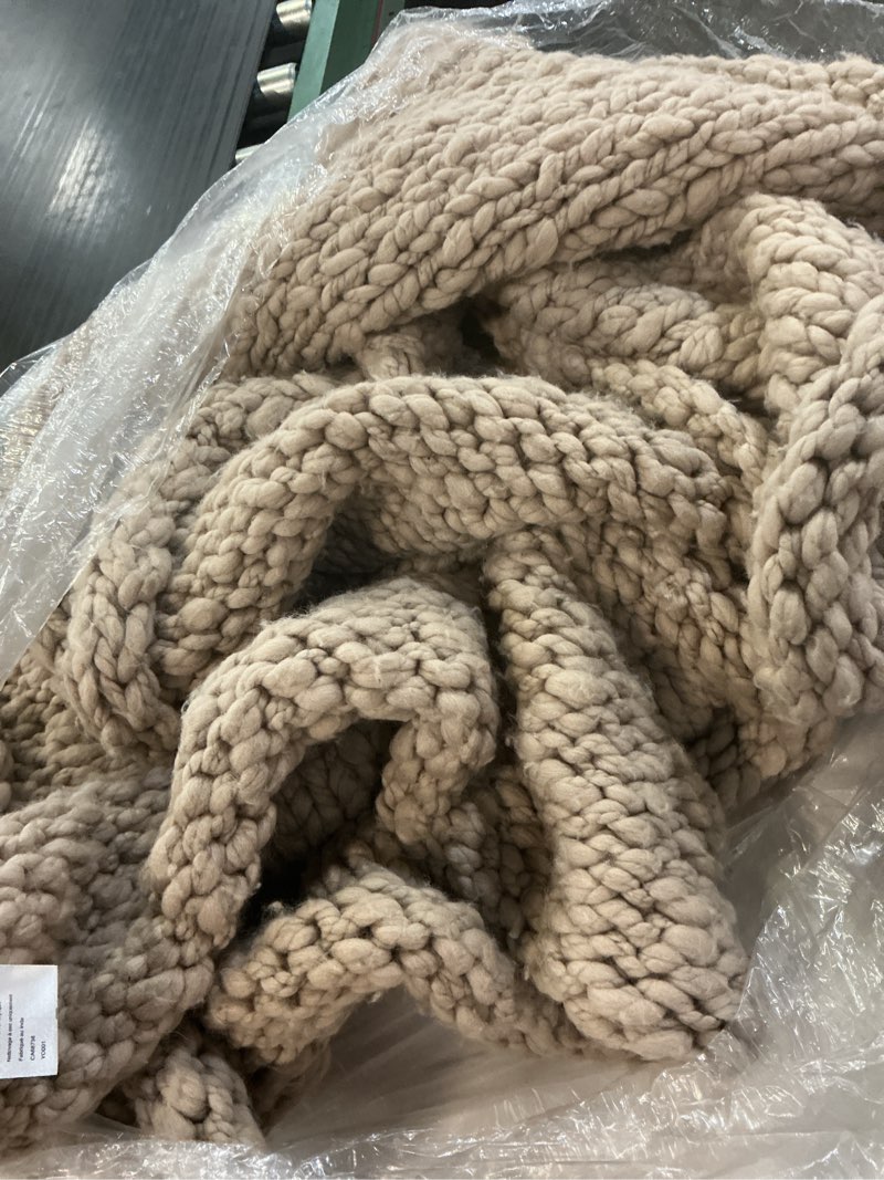 Condition photo showing As Is for chunky hand knit wool throw neutral 50x60