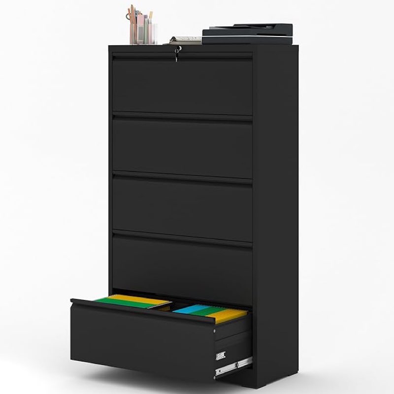 file cabinet with lock, 4 drawer lateral filing cabinet for home office, metal heavy duty file cabinets for hanging letter/legal/f4/a4 size files, assembly required (black)