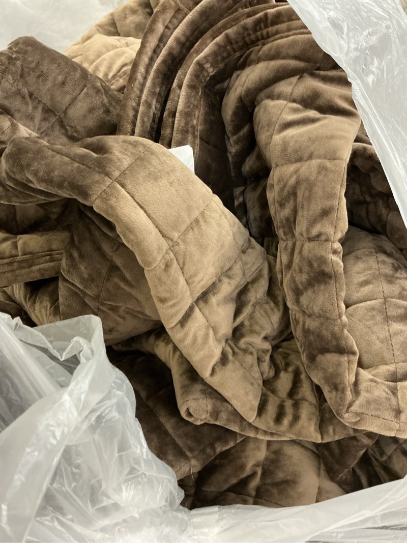 Condition photo showing As Is for recyco luxury velvet quilt set full queen size bedding sets, ultra soft velvet comforter set, lightweight channel box stitch oversized bedspread coverlet for all season, with 2 shams, walnut brown full/queen (88" x 92") walnut brown