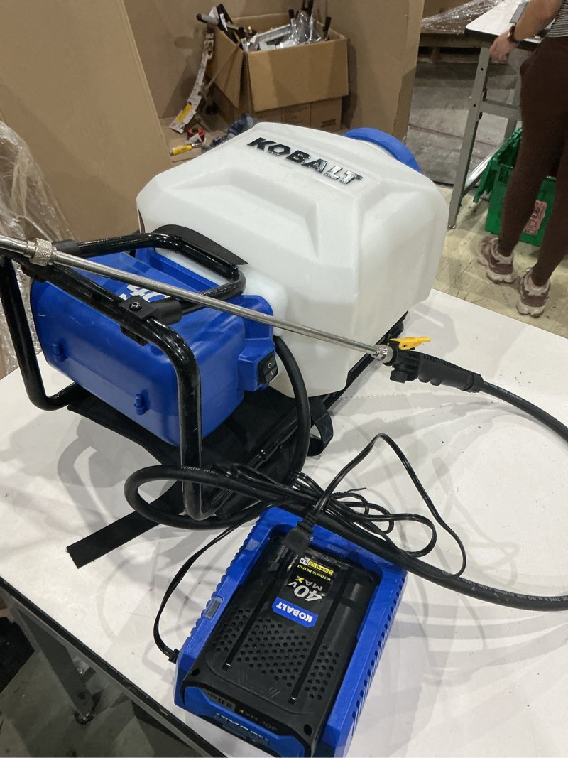 Condition photo showing As Is for kobalt 4-gallons 40-volt lithium-ion battery operated backpack sprayer (no battery included)