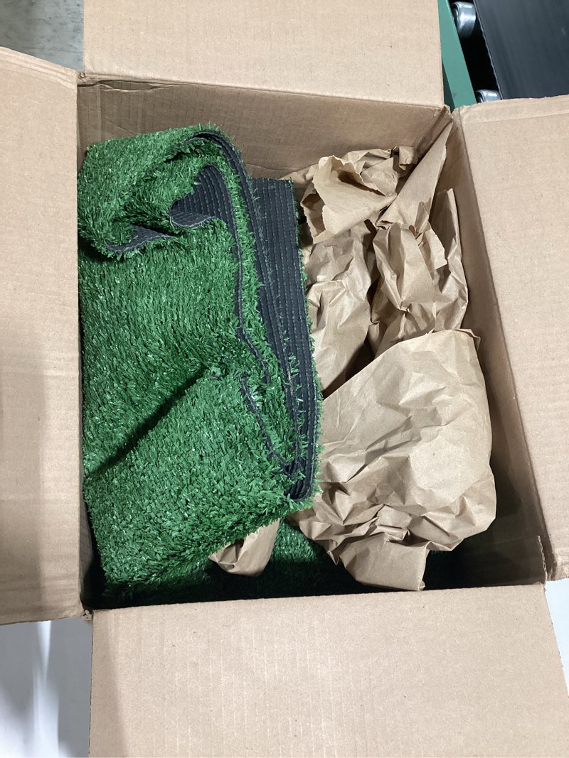 Condition photo showing As Is for fasmov green artificial grass rug grass carpet rug 3.2' x 6.5', realistic fake grass deluxe turf synthetic turf thick lawn pet turf -perfect for indoor/outdoor