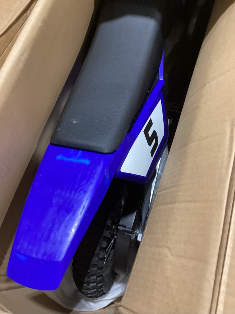 Condition photo showing As Is for Razor MX350 Dirt Rocket Electric Bike for Kids Ages 8+, 140 lb Max Weight, Blue – 24V Battery, Up to 14 Mph, 30-Min Ride Time on High Speed, Twist-Grip Throttle, Spoked Wheels w/ 12” Pneumatic Tires
