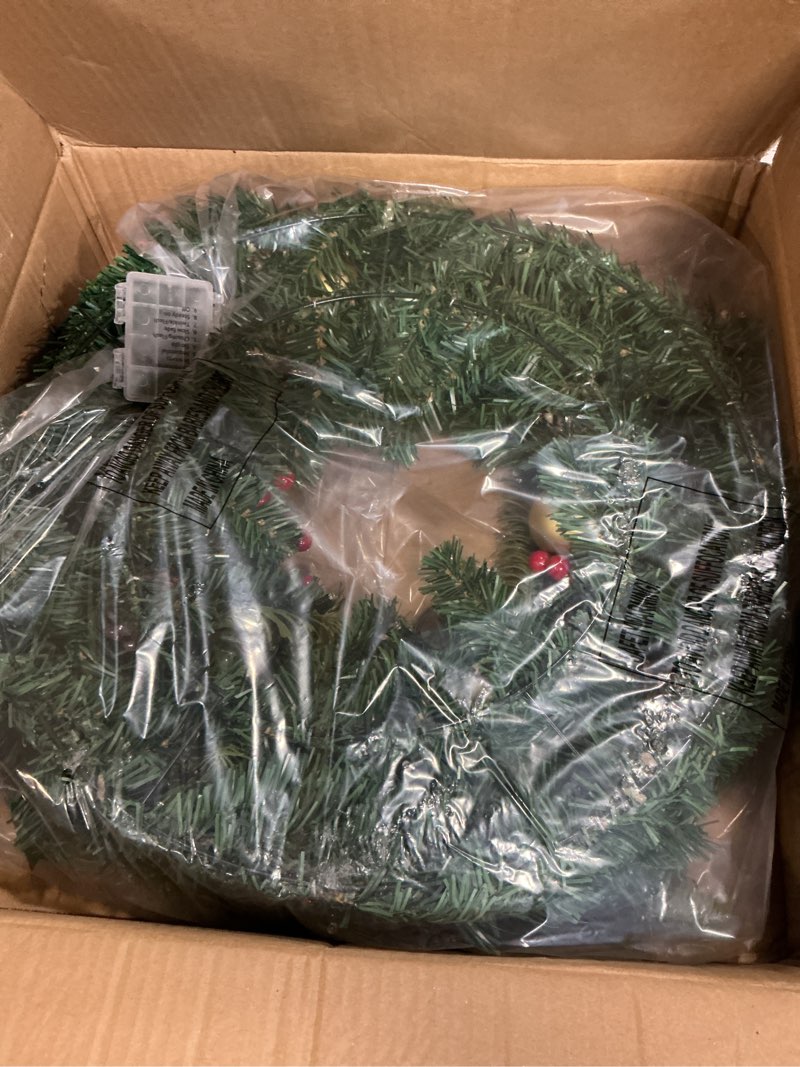 Condition photo showing New/Like New for WANNA-CUL Pre-Lit 24 Inch Lighted Christmas Wreath for Front Door Luxury Red Gold Christmas Door Wreath Decoration with Ball Ornaments, Poinsettia Flowers,Berries, and Lotus, Battery Operated 30 LED 03-red Gold