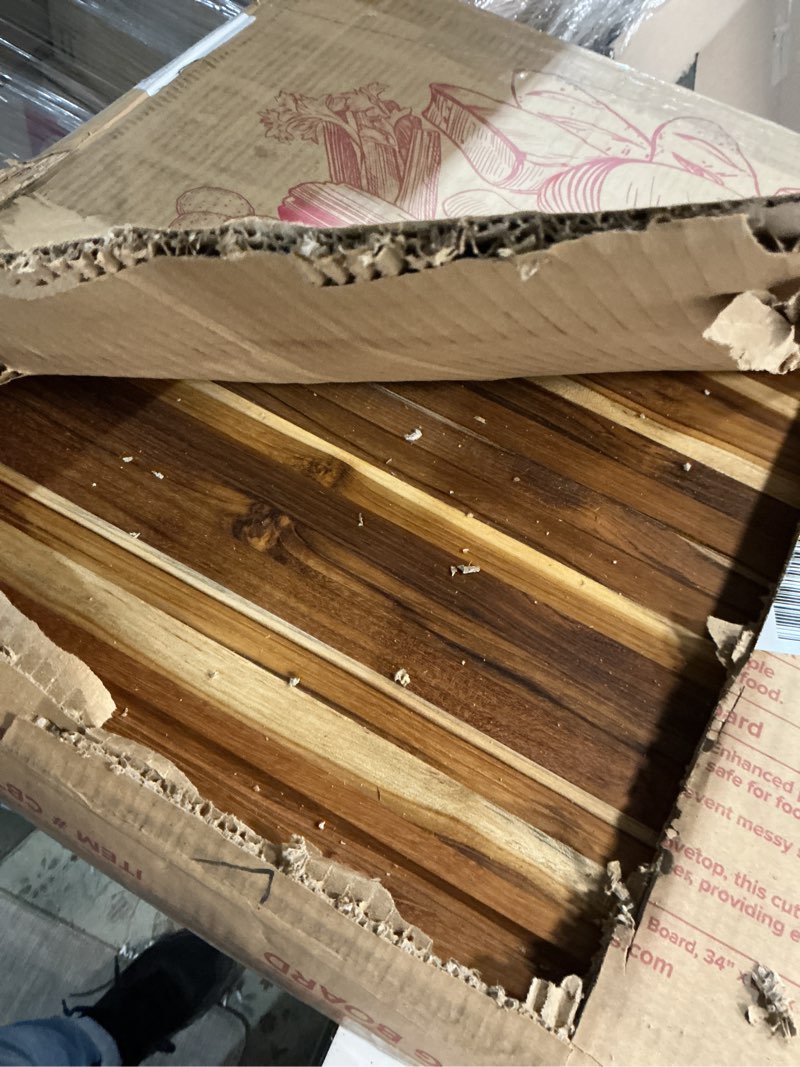 Condition photo showing Good Condition for EcoDecors, Teak Edge Grain Cutting Board 34"x20", Extra Large Solid FSC Teakwood Butcher Block with Juice Groove, Handles & Waste Slot, Best Wooden Cutting Board for Kitchen Stove-Top Prep 34"L x 20"W Stovetop Edge Grain Teak