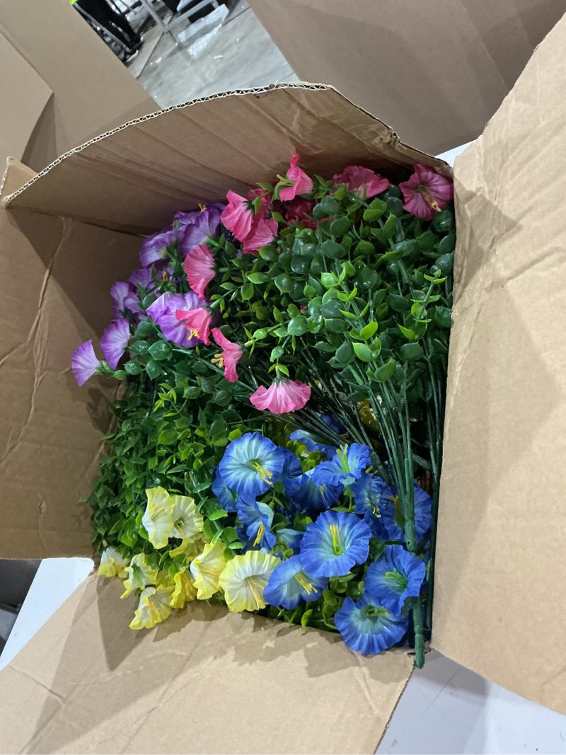 Condition photo showing As Is for artificial fake hanging flowers baskets for outdoors faux plants spring outside decor, uv resistant silk morning glory flowers in planter realistic petunias for outdoor porch patio garden yard home 12 bundles b 4 multicolor