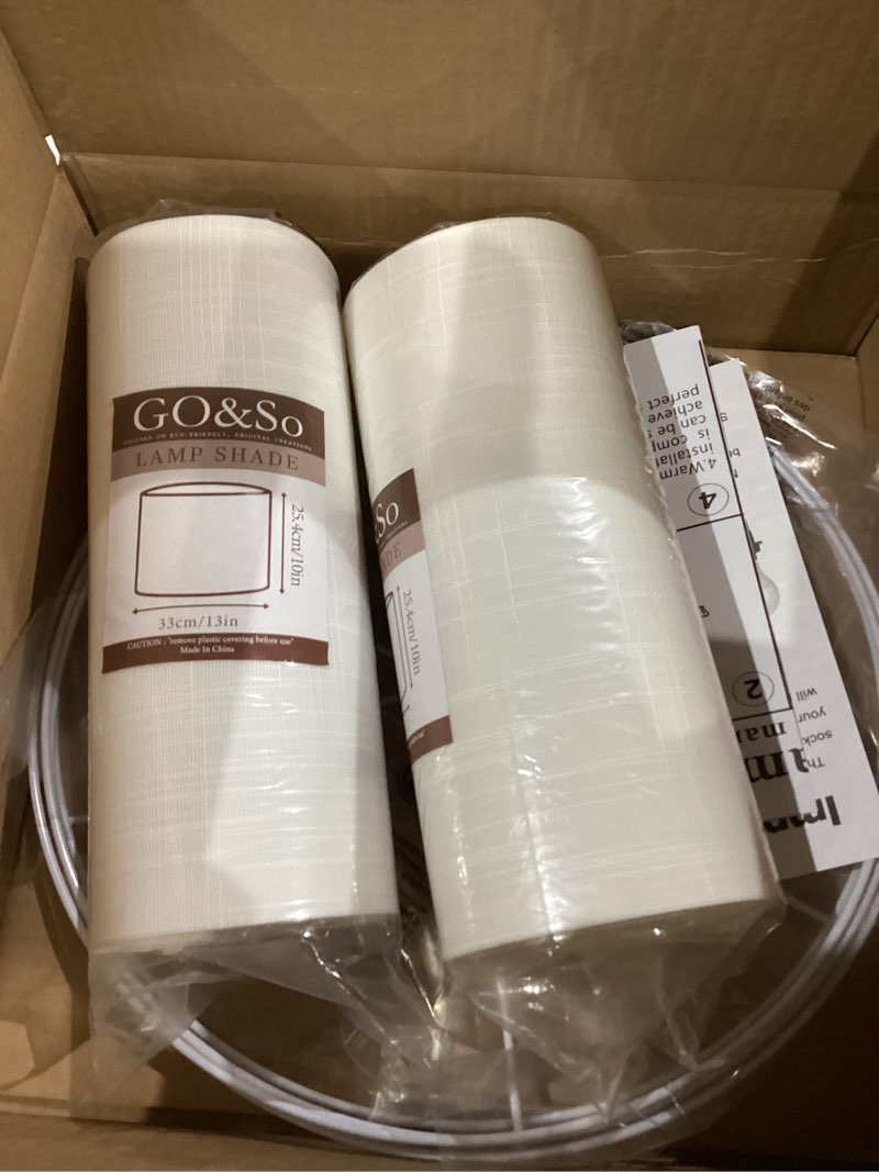 Condition photo showing New/Like New for Set of 2 Pure White Linen Drum Lamp Shade 13" Top x 13" Bottom x 10" High (Spider) Contemporary Lamp Shades for Table Lamps & Bedside Lamps Replacement Lampshade - GO&SO - Assembly is Required 13*13*10 inch-2 Pack White-Texture