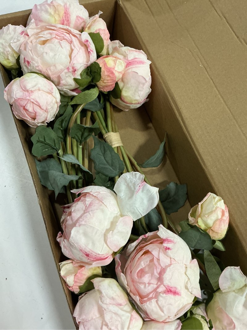 Condition photo showing As Is for Pink Peonies Artificial Flowers 2 Bouquets Vintage Peonies 18pcs Pink Peonies with Single Long Stems Silk Flowers for Wedding Decoration Bride Bouquet Flowers Crafts Floral Arrangement (Pink) Light Pink