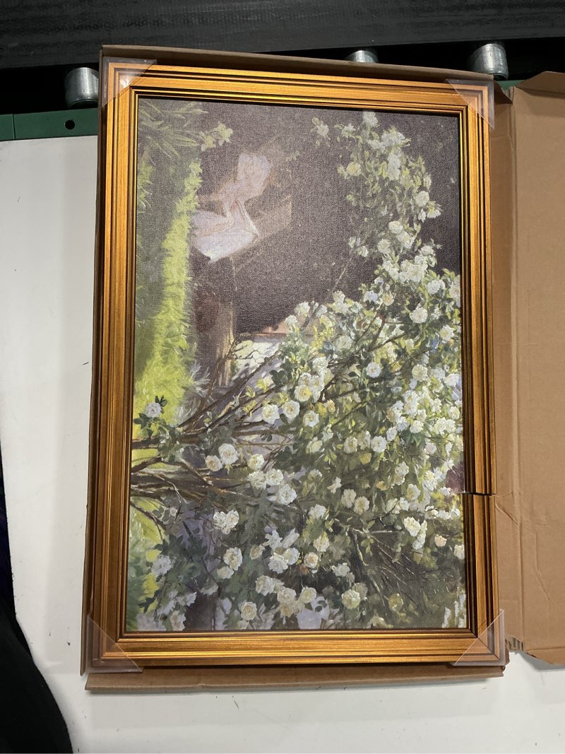 Condition photo showing As Is for french country garden woman vintage gold framed wall art 16x24 inch | french country wall decor, garden woman and flower art print picture artwork, farmhouse living room or bedroom 10-garden reading framed 16x24