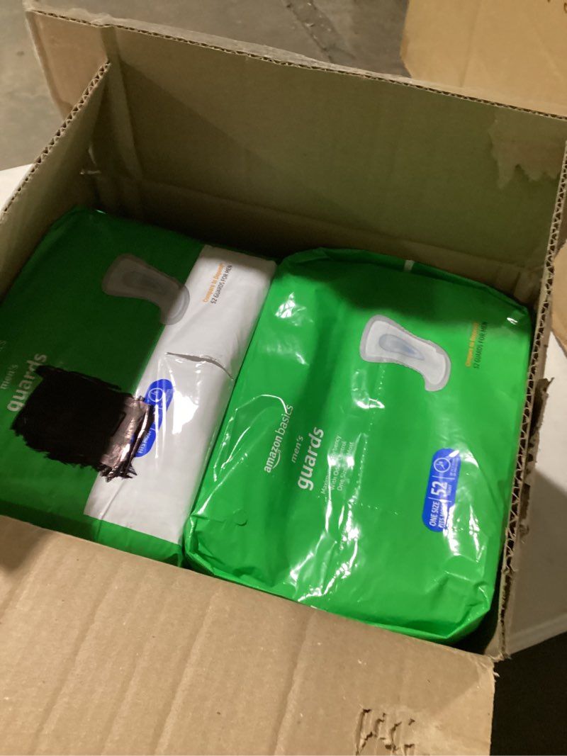 Condition photo showing New/Like New for amazon basics men's incontinence guards, maximum absorbency, moisture-wicking with odor protection, one size fits most, 104 count (2 packs of 52)