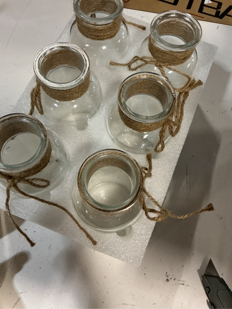 Condition photo showing New/Like New for vintage glass flower vase, farmhouse glass centerpiece vases mason jars for weddings, parties & home decor bulk (6, transparent) transparent 6