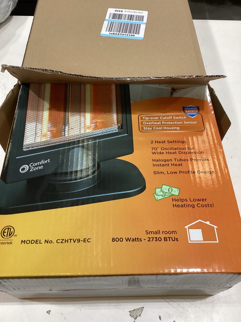 Condition photo showing New/Like New for Comfort Zone Oscillating Portable Space Heater, Flat Panel, Halogen, Infrared, Electric, Adjustable Tilt, Overheat Sensor, Stay-Cool, & Tip-Over Switch, Ideal for Home, Bedroom, & Office, 800W, CZHTV9