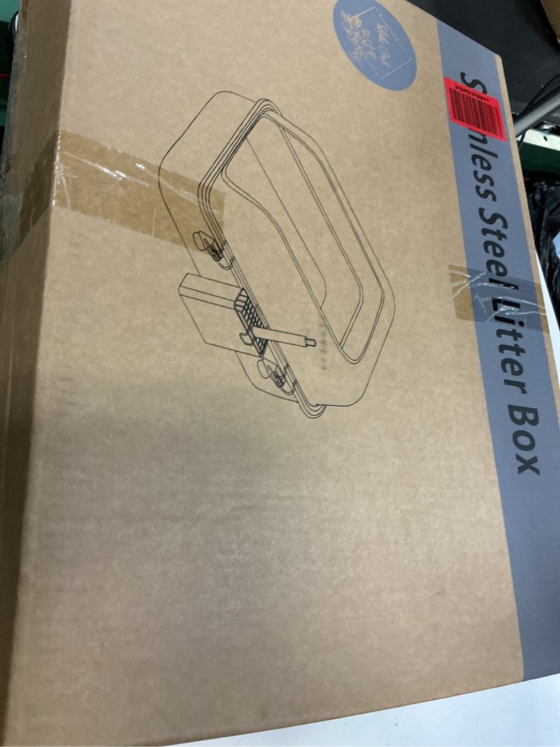 Condition photo showing New/Like New for extra large stainless steel cat litter box with high sided enclosure, odor resistant metal litter pan, non-stick easy clean, includes scoop & holder, leakproof anti-scatter design