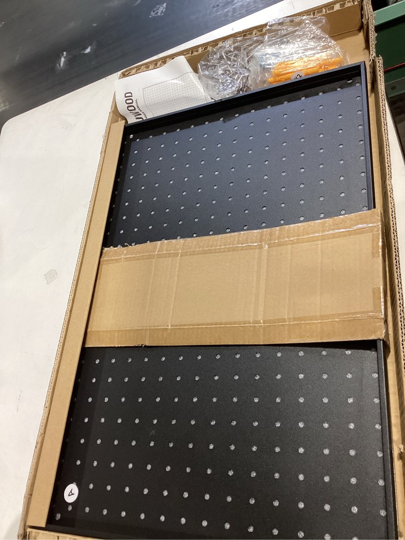 Condition photo showing Good Condition for peg board, 2 pack metal pegboard panels black pegboards wall organizer with frame large heavy duty peg board with hooks for walls home,garage tool storage,office organization,kitchen 24”×16” black 2 pcs with hooks