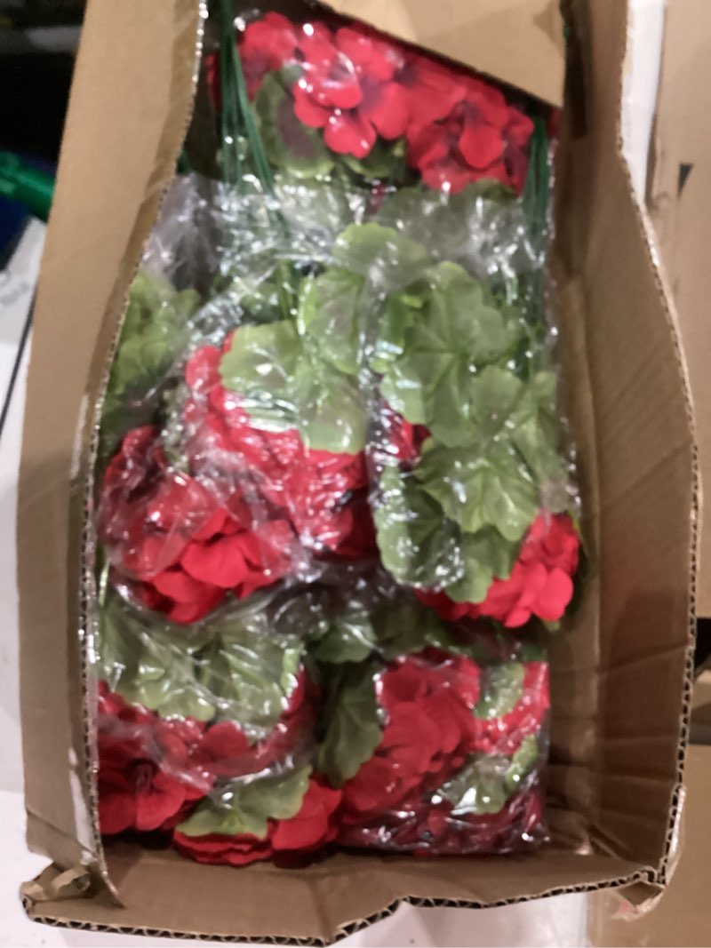 Condition photo showing As Is for lovemoon 8 pcs artificial geranium plant realistic silk flowers for outside uv resistant faux geraniums flowers for indoor outdoor home garden office decoration (8, red)