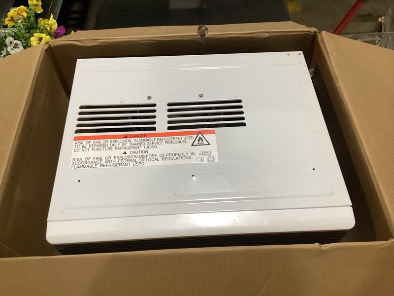 Condition photo showing As Is for 8,000 btu, 115 volts, window smart air conditioner cools 350 sq. ft. with remote, wifi enabled in white