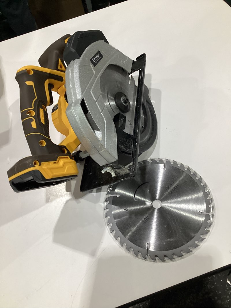 Condition photo showing As Is for (USED) Ecarke 7-1/4\" Cordless Circular Saw, Compatible with DeWalt 20V Battery (Bare Tool), 5000 RPM Electric Circular Saw with Laser Guide, 2 Blades (24T & 40T), 0–45° Bevel, 2-1/4\" Cutting Depth