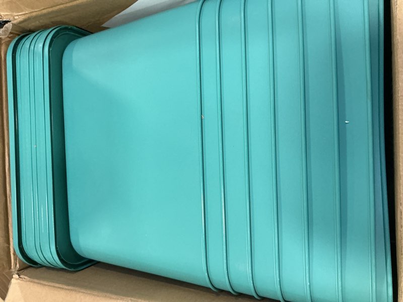 Condition photo showing Good Condition for Hoolerry 8 Pieces Colorful Storage Bins with Lid, Plastic Storage Basket Organizing Container Stackable Box with Handle for Shelves Desktop Playroom Office(14.2 x 10.2 x 9.5 Inch,Green) 14.2 x 10.2 x 9.5 Inch Green