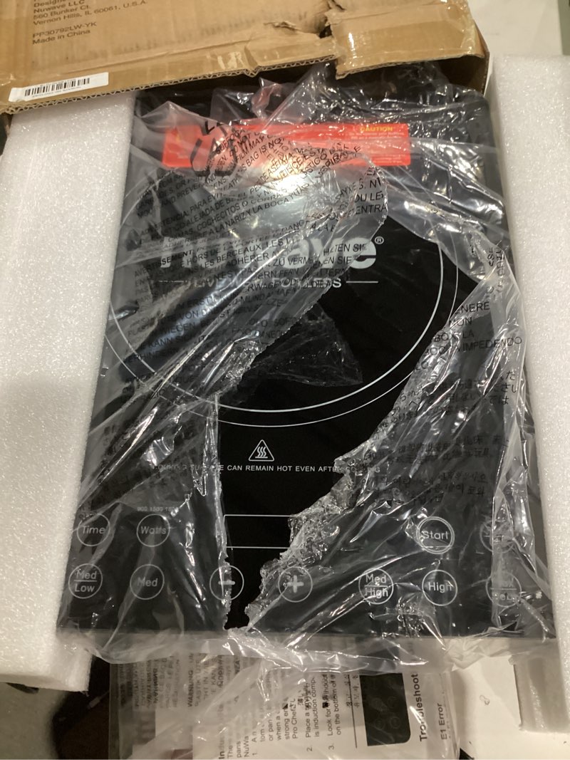 Condition photo showing As Is for nuwave pro chef induction cooktop, nsf-certified, commercial-grade, portable, powerful 1800w, large 8” heating coil, 94 temp settings 100°f - 575°f in 5°f, shatter-proof ceramic glass surface