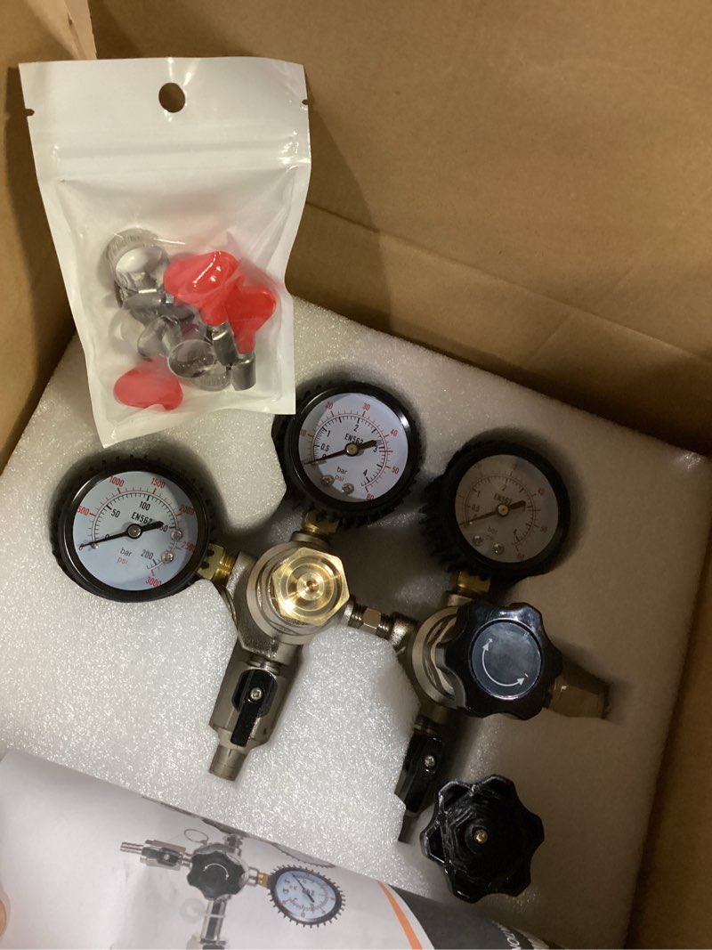 Condition photo showing New/Like New for co2 regulator for dual tap kegerator draft beer tower dispenser, dual keg regulator co2 beer pressure regulator 0-60psi,cga-320 co2 tank regulator gas regulator 0-3000psi,kegerator c02 regulator gauge primarily co2 regulator - 2 output dual output